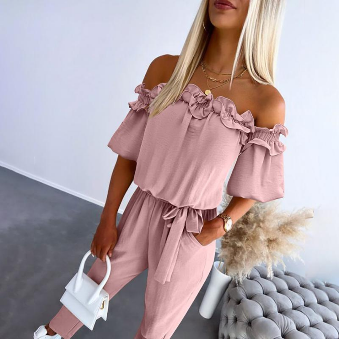 Tavi | Women's Cotton Off-Shoulder Ruffle Tie-Waist Jumpsuit Carol & Margaret Wilmington