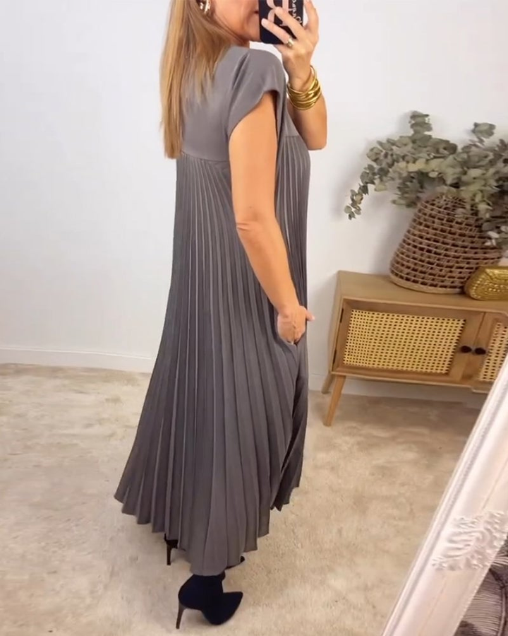 Thalia | Women's Satin Pleated Cap Sleeve Round Neck Maxi Dress Carol & Margaret Wilmington