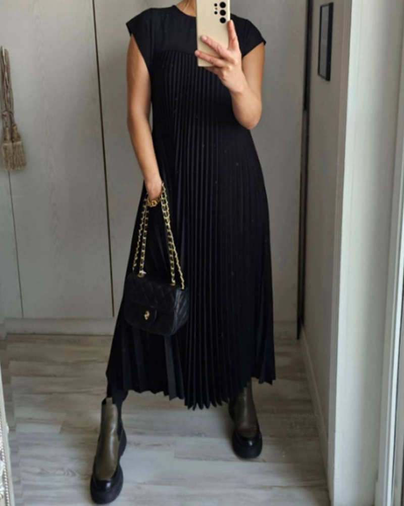Thalia | Women's Satin Pleated Cap Sleeve Round Neck Maxi Dress Carol & Margaret Wilmington