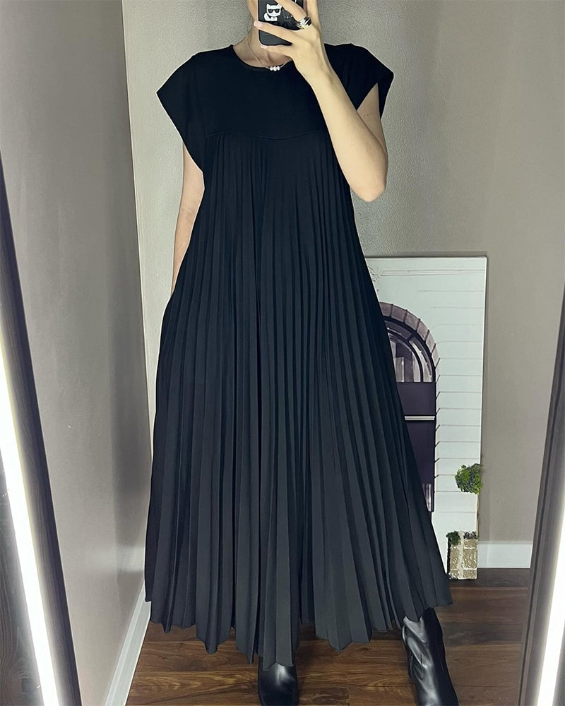 Thalia | Women's Satin Pleated Cap Sleeve Round Neck Maxi Dress Carol & Margaret Wilmington