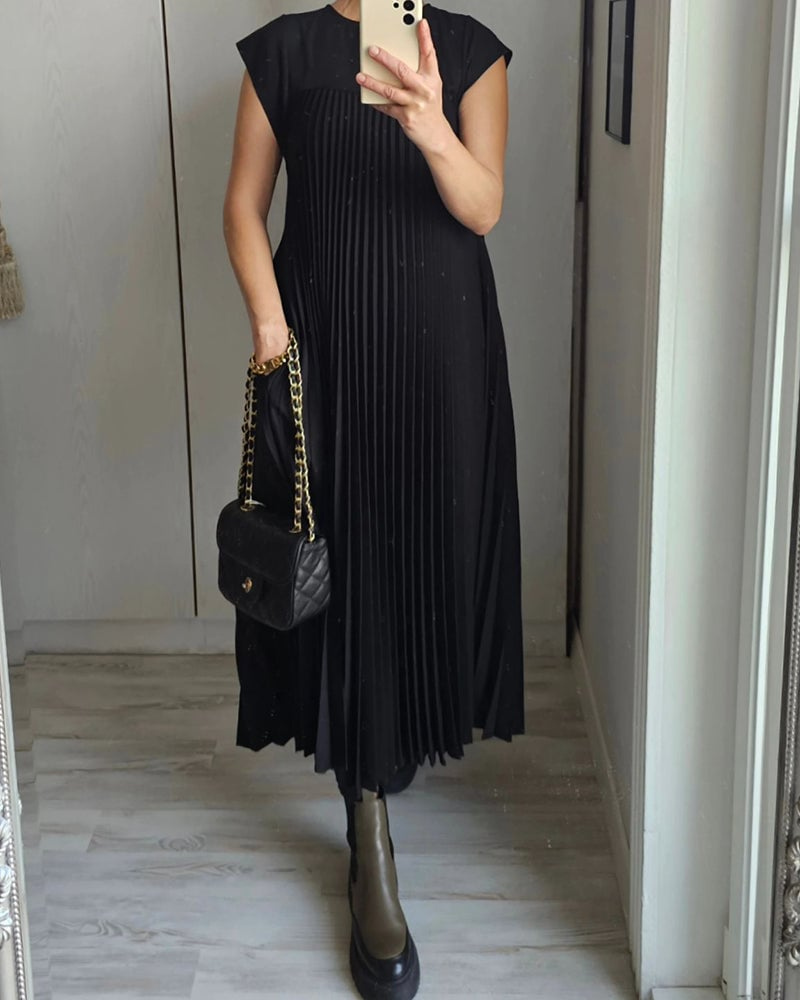 Thalia | Women's Satin Pleated Cap Sleeve Round Neck Maxi Dress Carol & Margaret Wilmington
