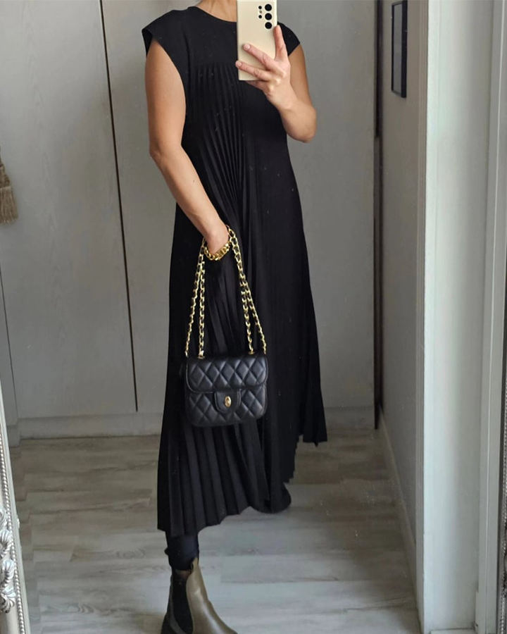 Thalia | Women's Satin Pleated Cap Sleeve Round Neck Maxi Dress Carol & Margaret Wilmington