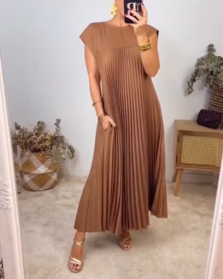 Thalia | Women's Satin Pleated Cap Sleeve Round Neck Maxi Dress Carol & Margaret Wilmington