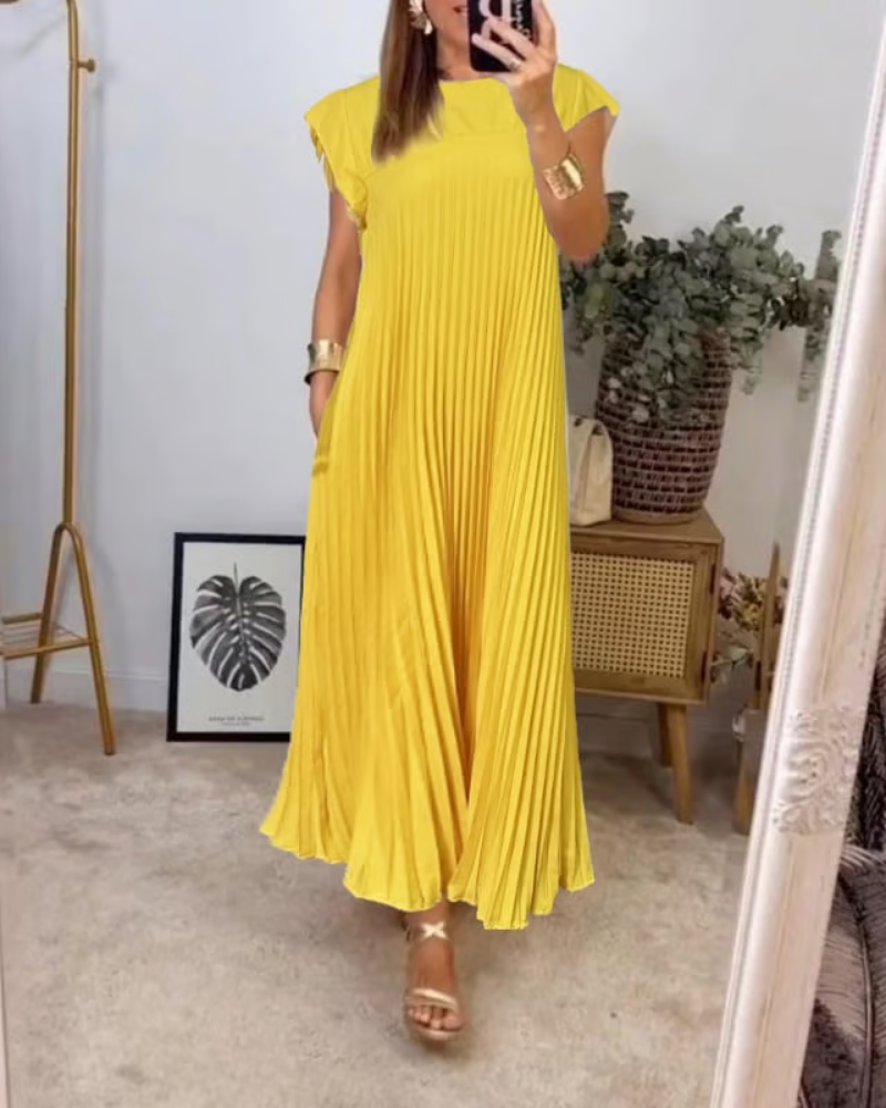 Thalia | Women's Satin Pleated Cap Sleeve Round Neck Maxi Dress Carol & Margaret Wilmington