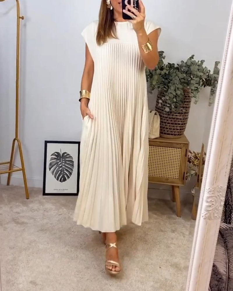 Thalia | Women's Satin Pleated Cap Sleeve Round Neck Maxi Dress Carol & Margaret Wilmington