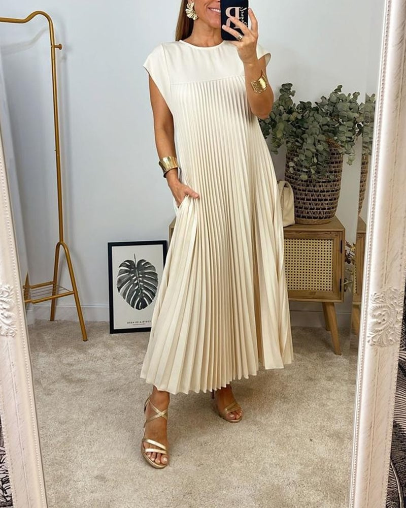 Thalia | Women's Satin Pleated Cap Sleeve Round Neck Maxi Dress Carol & Margaret Wilmington