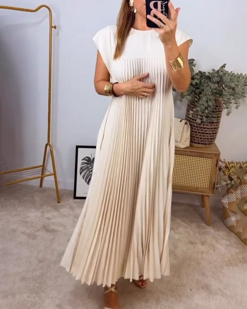 Thalia | Women's Satin Pleated Cap Sleeve Round Neck Maxi Dress Carol & Margaret Wilmington