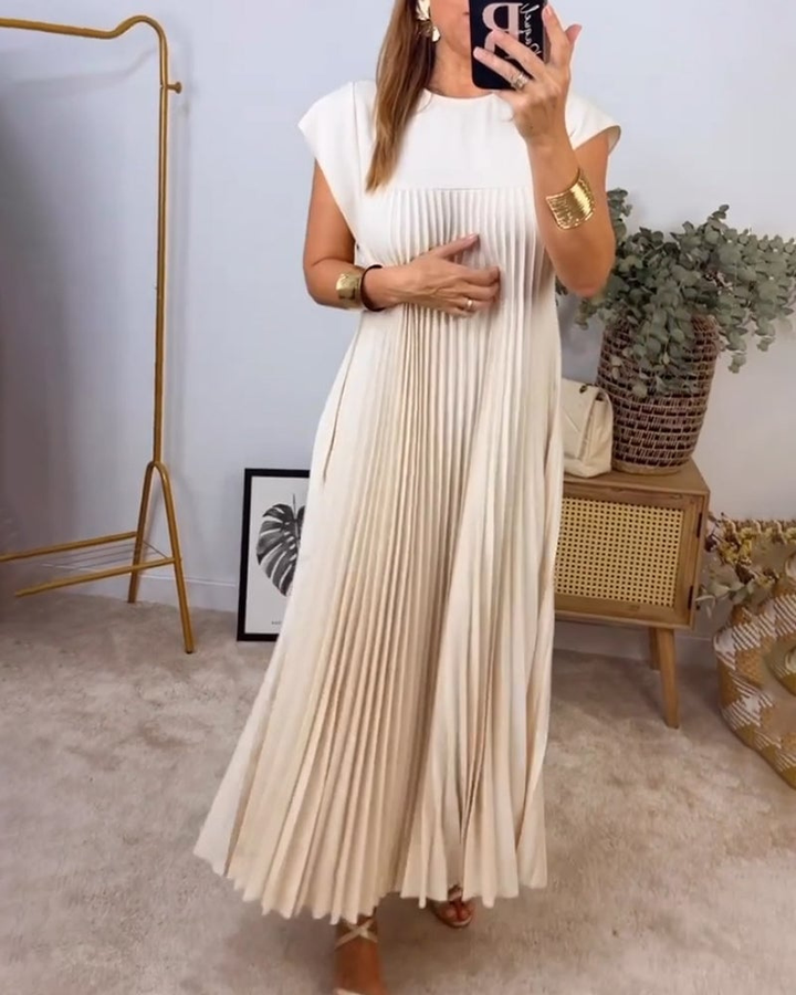 Thalia | Women's Satin Pleated Cap Sleeve Round Neck Maxi Dress Carol & Margaret Wilmington