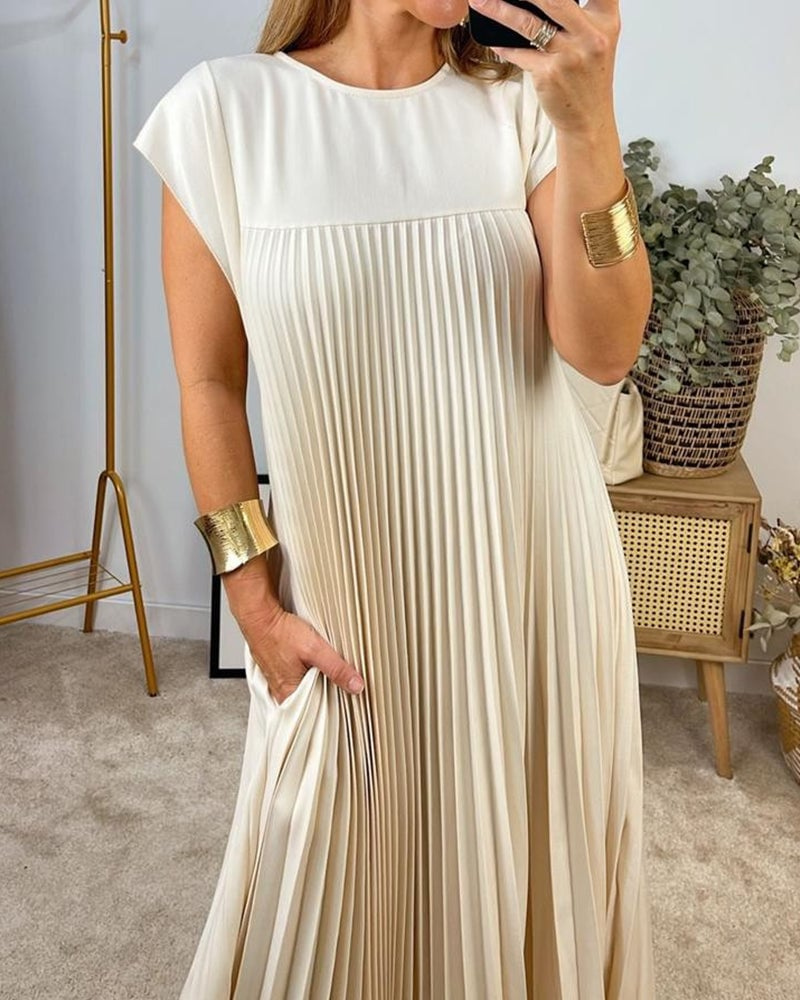 Thalia | Women's Satin Pleated Cap Sleeve Round Neck Maxi Dress Carol & Margaret Wilmington