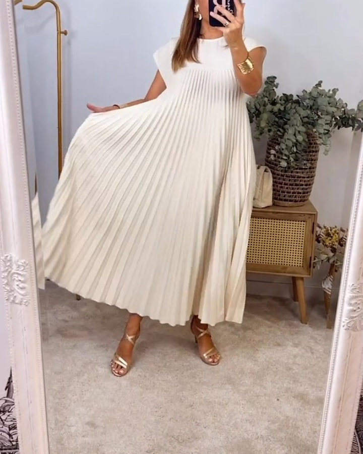Thalia | Women's Satin Pleated Cap Sleeve Round Neck Maxi Dress Carol & Margaret Wilmington