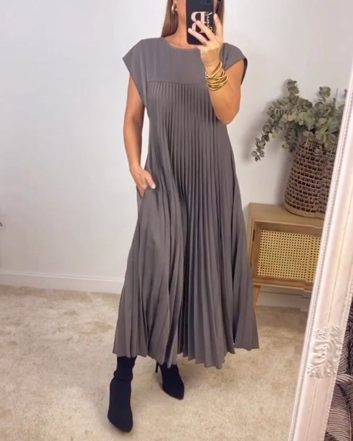 Thalia | Women's Satin Pleated Cap Sleeve Round Neck Maxi Dress Carol & Margaret Wilmington