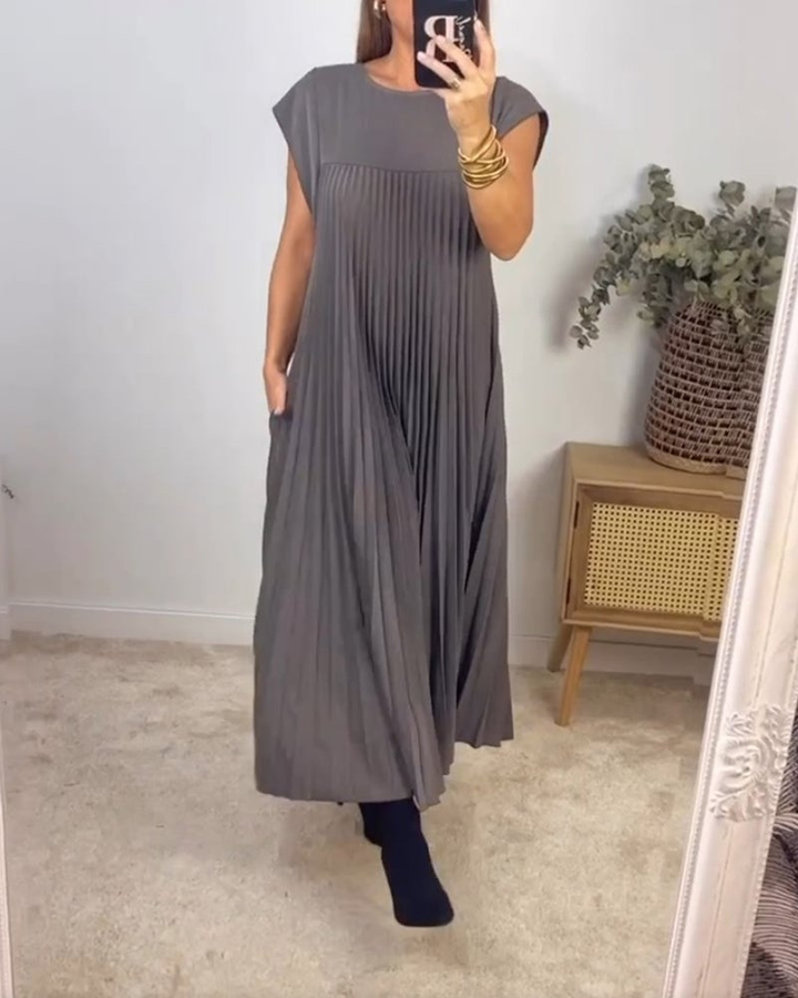 Thalia | Women's Satin Pleated Cap Sleeve Round Neck Maxi Dress Carol & Margaret Wilmington