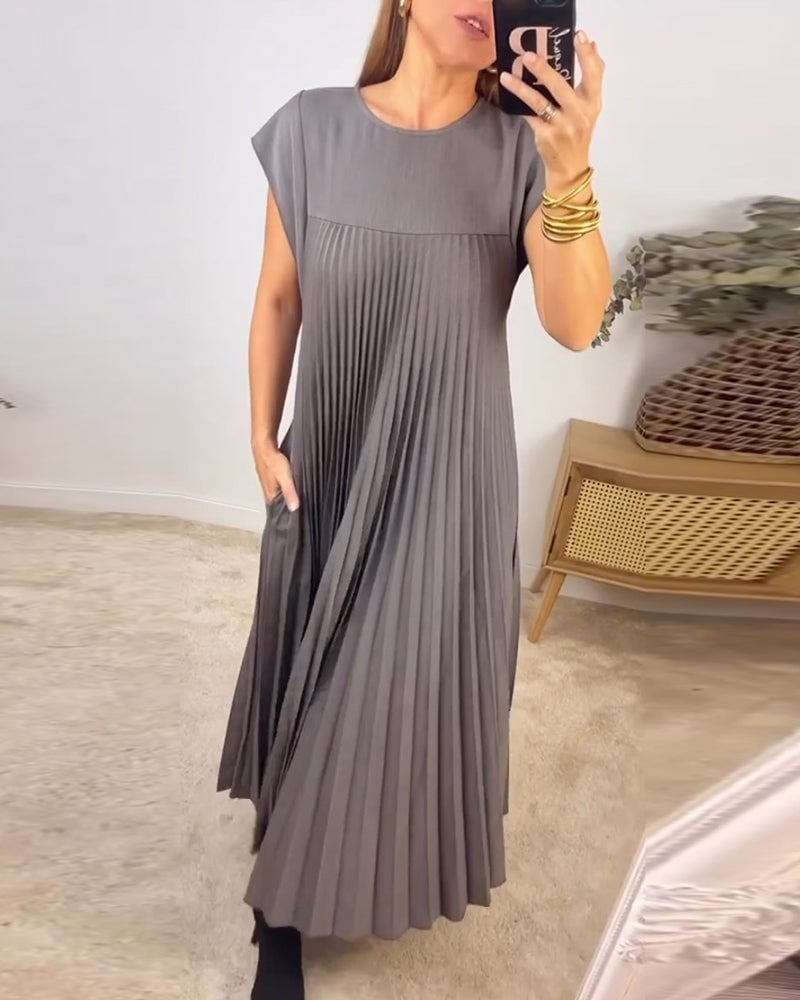 Thalia | Women's Satin Pleated Cap Sleeve Round Neck Maxi Dress Carol & Margaret Wilmington