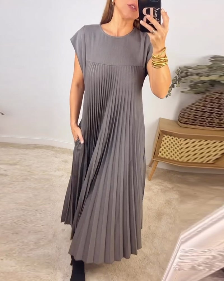 Thalia | Women's Satin Pleated Cap Sleeve Round Neck Maxi Dress Carol & Margaret Wilmington