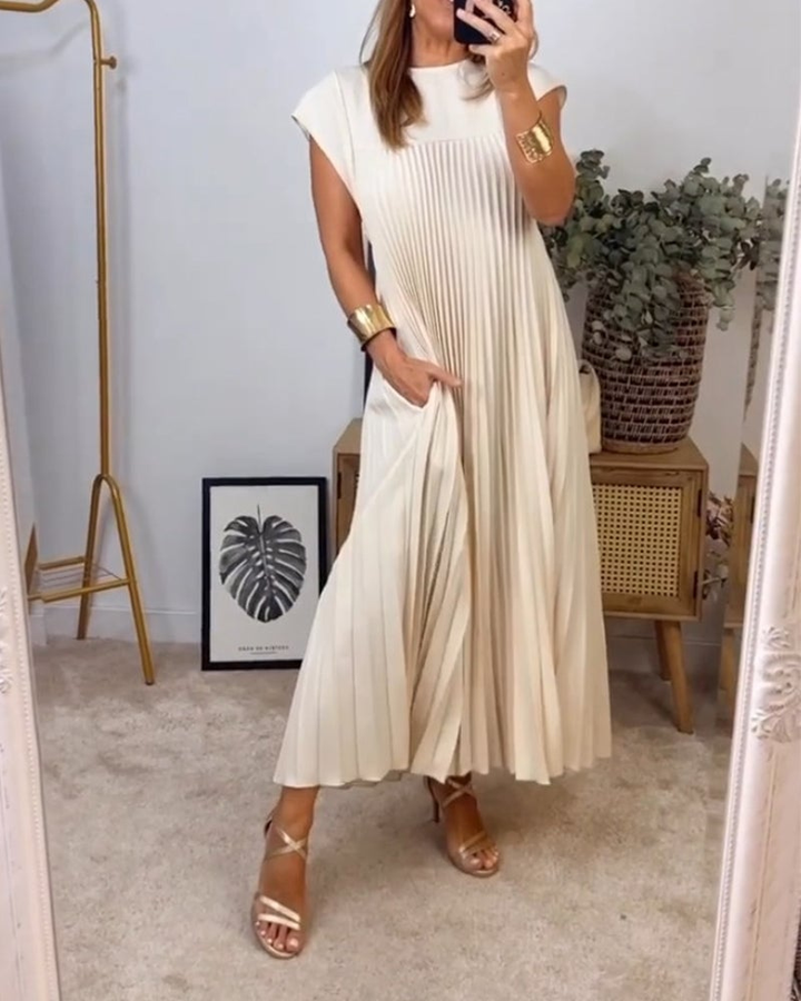 Thalia | Women's Satin Pleated Cap Sleeve Round Neck Maxi Dress Carol & Margaret Wilmington