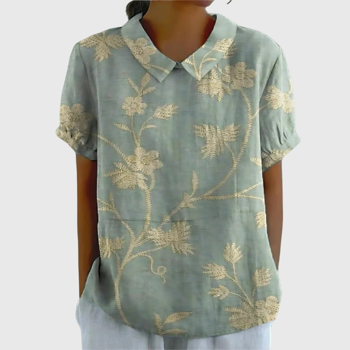 Thea | Women's Linen Floral Print Short Sleeve Collared Blouse
