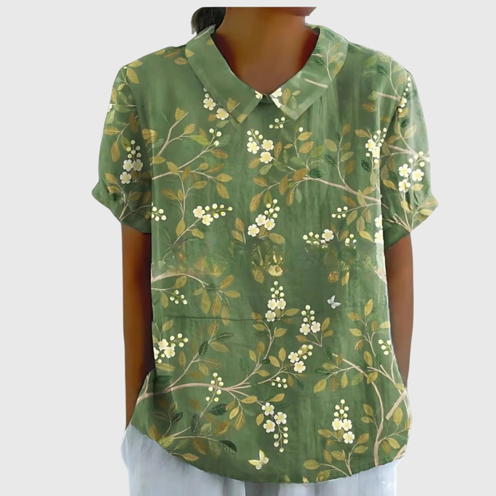 Thea | Women's Linen Floral Print Short Sleeve Collared Blouse