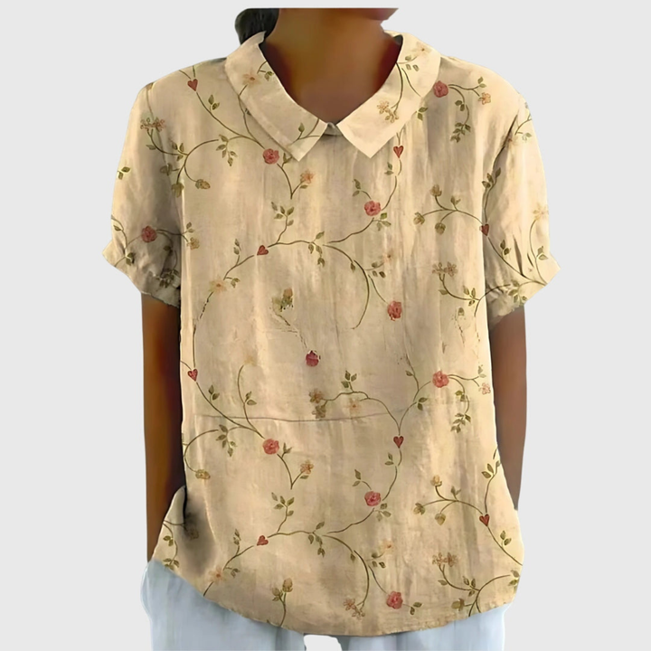 Thea | Women's Linen Floral Print Short Sleeve Collared Blouse