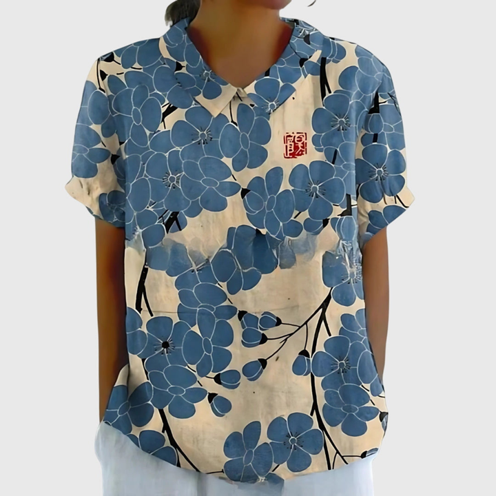 Thea | Women's Linen Floral Print Short Sleeve Collared Blouse