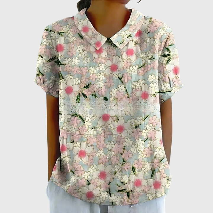 Thea | Women's Linen Floral Print Short Sleeve Collared Blouse