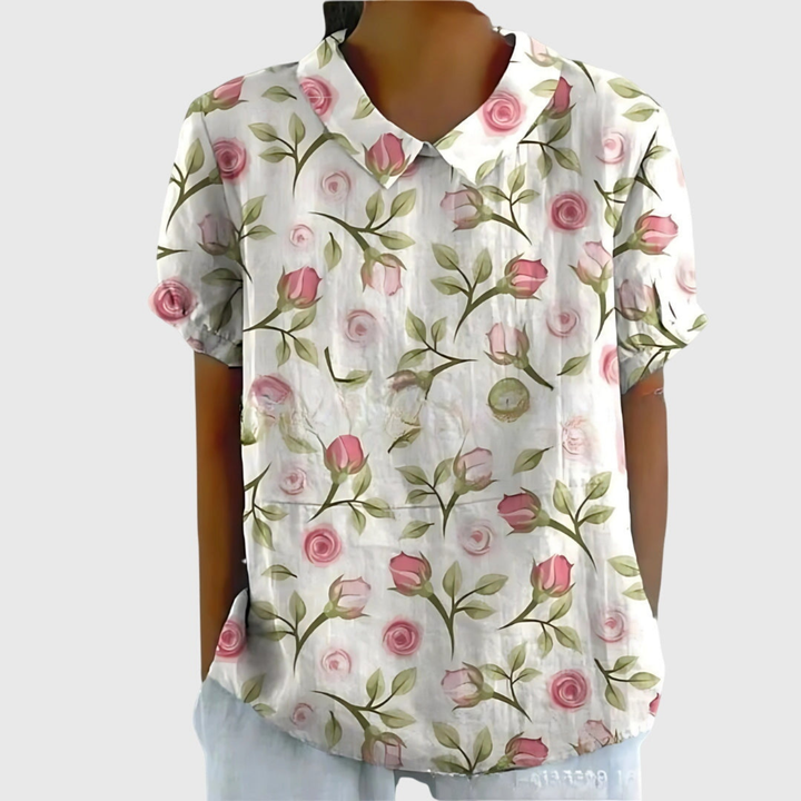 Thea | Women's Linen Floral Print Short Sleeve Collared Blouse