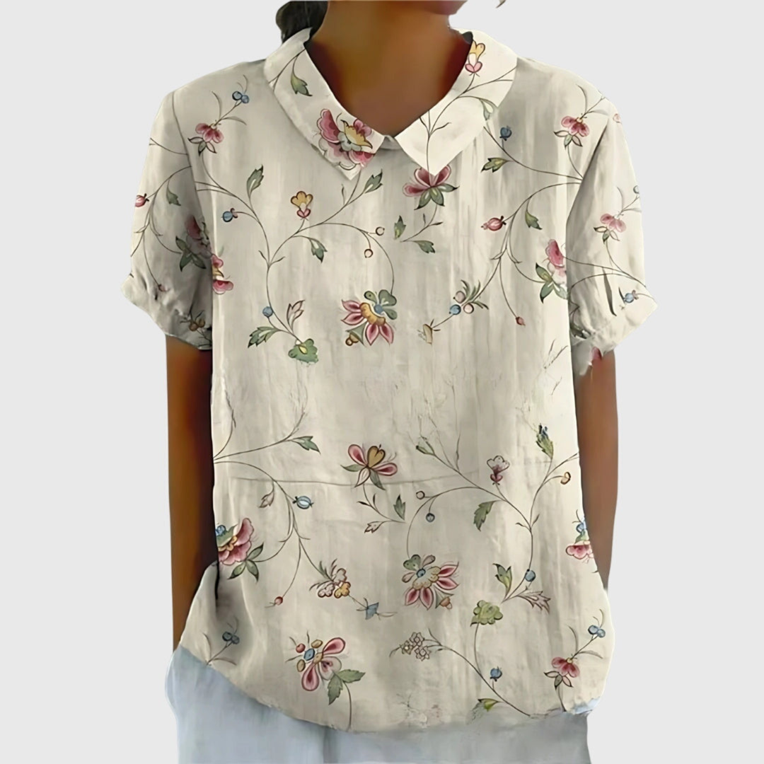 Thea | Women's Linen Floral Print Short Sleeve Collared Blouse