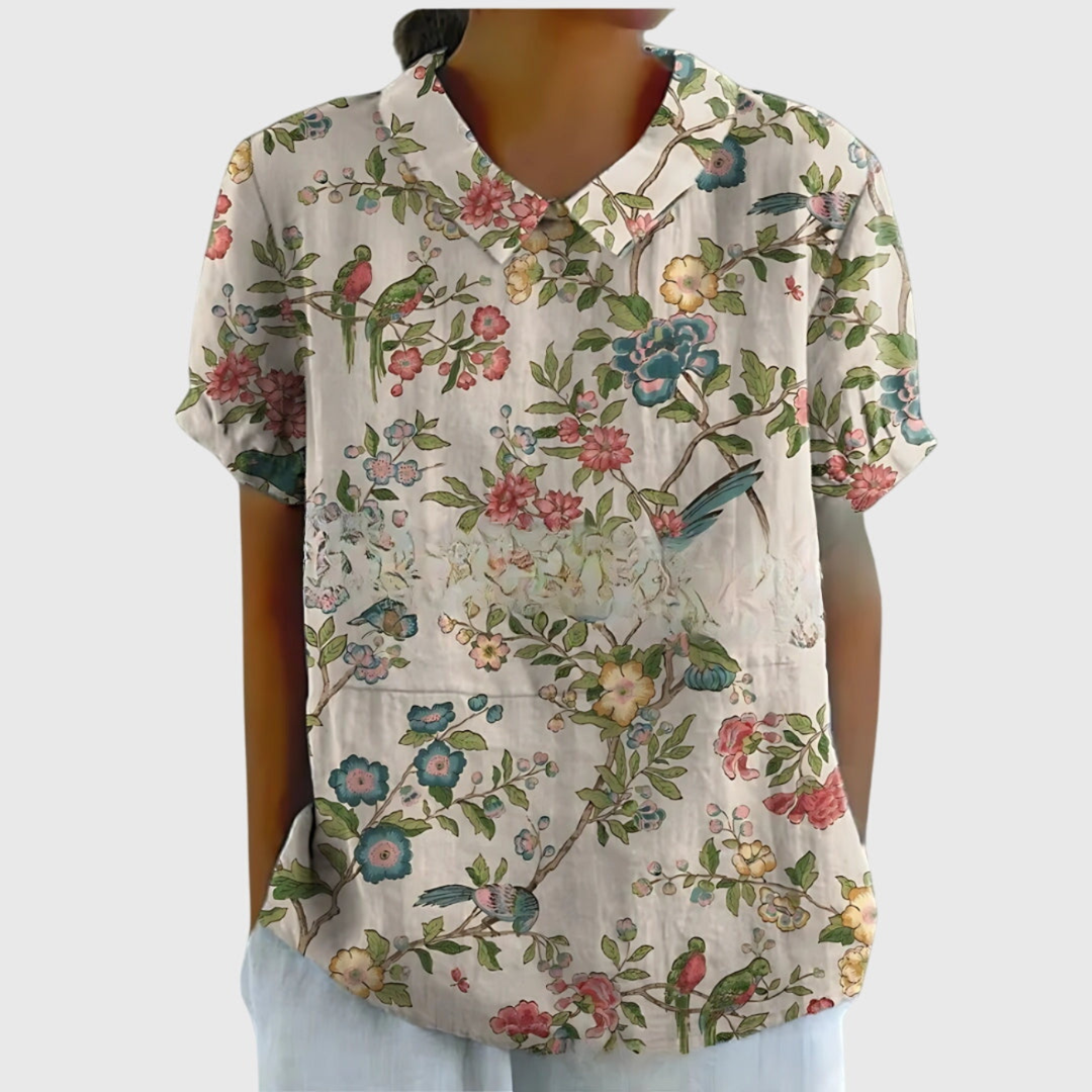 Thea | Women's Linen Floral Print Short Sleeve Collared Blouse