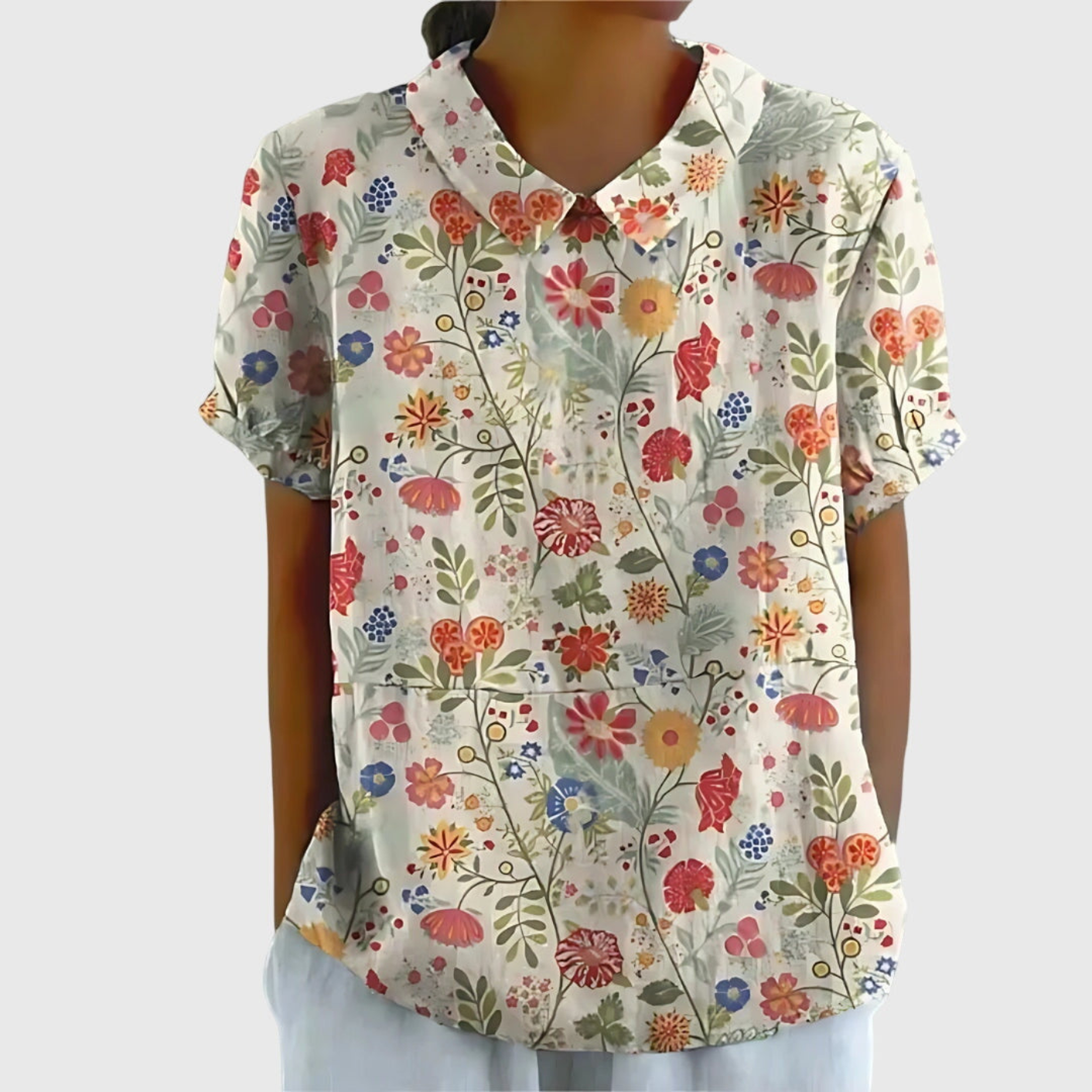 Thea | Women's Linen Floral Print Short Sleeve Collared Blouse