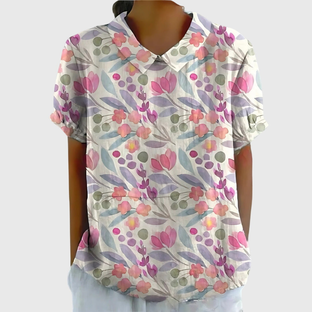 Thea | Women's Linen Floral Print Short Sleeve Collared Blouse