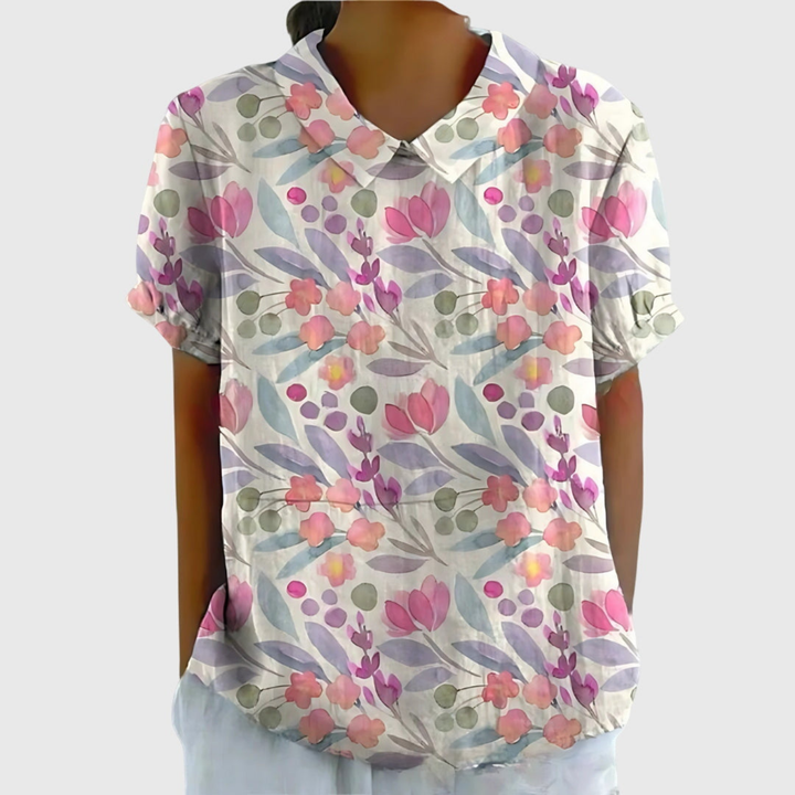 Thea | Women's Linen Floral Print Short Sleeve Collared Blouse