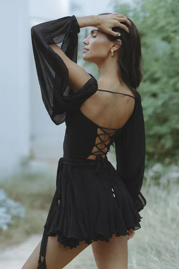 Woman wearing a mini dress in green, yellow or black