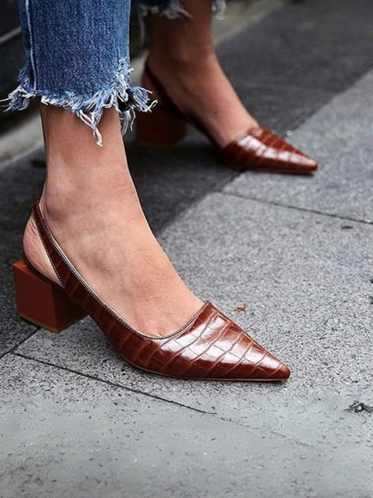 Women's brown croc-effect slingback block heel shoe