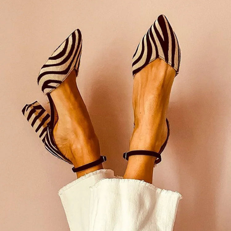 Vesper | Women's Khaki Suede Zebra Print Pointed Toe Block Heel Pumps Carol & Margaret Wilmington