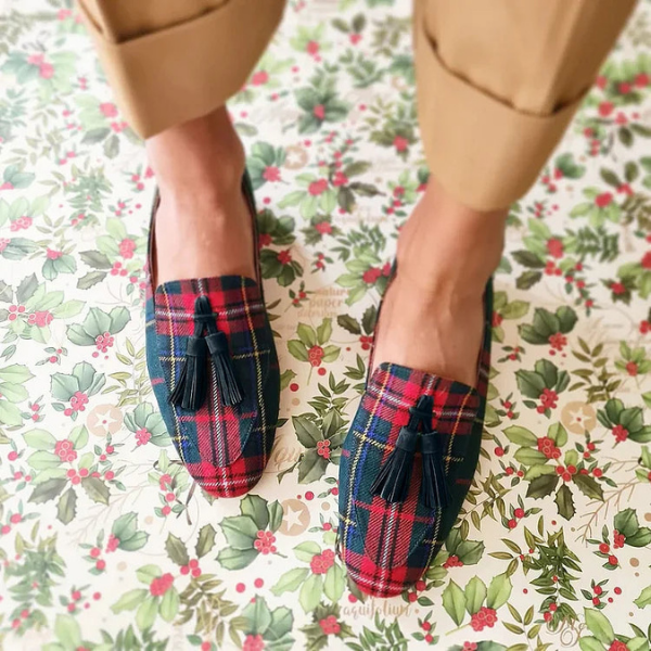 Vhea | Women's Red Wool Tartan Tassel Flat Loafers Carol & Margaret Wilmington