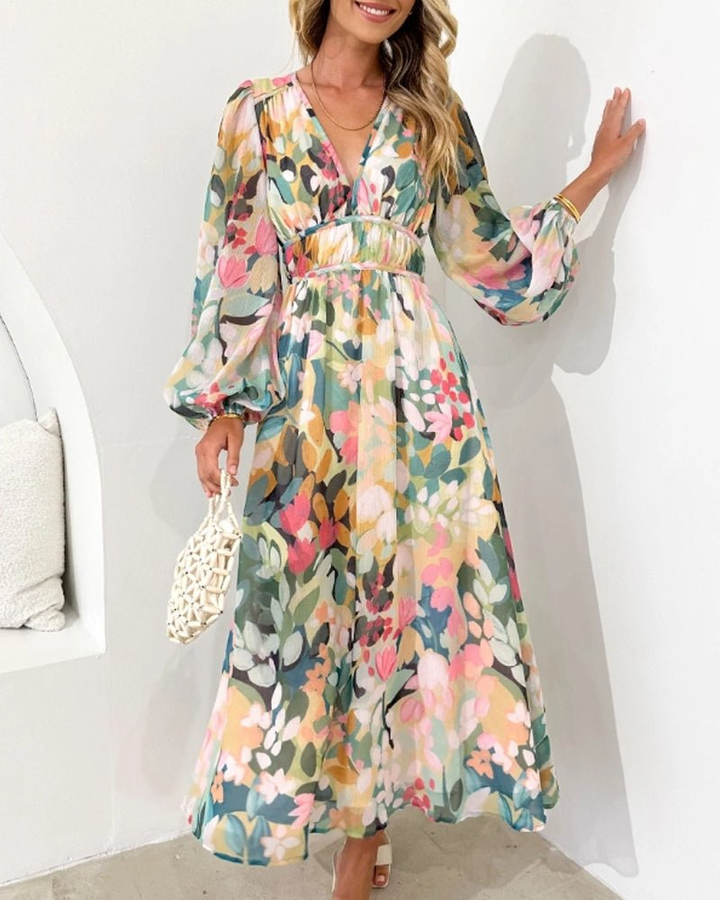 Violette | Women's Chiffon Floral Puff Sleeve V-Neck Midi Dress Carol & Margaret Wilmington
