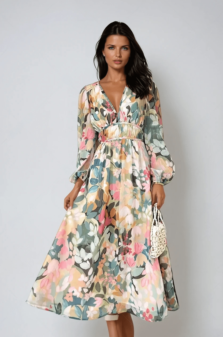 Violette | Women's Chiffon Floral Puff Sleeve V-Neck Midi Dress Carol & Margaret Wilmington