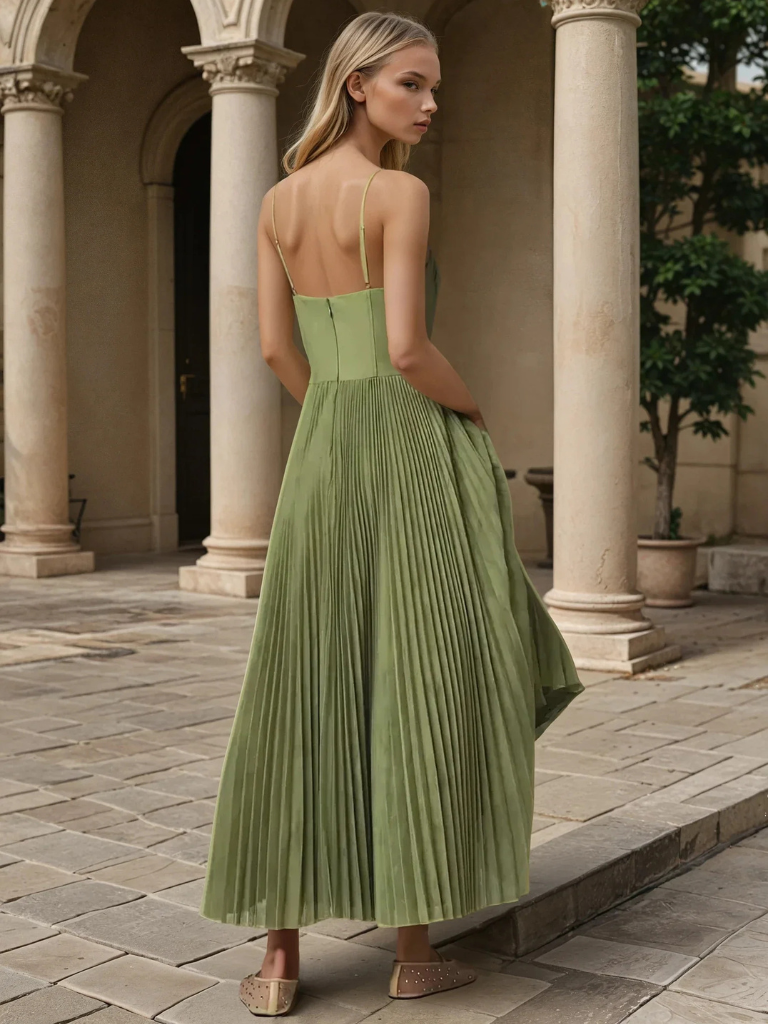 Viveca | Women's Green Chiffon Pleated Corset Bustier Maxi Dress Carol & Margaret Wilmington