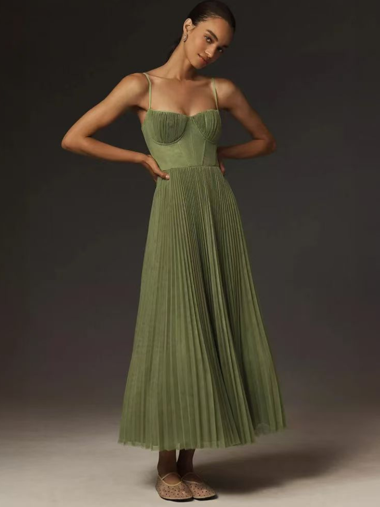 Viveca | Women's Green Chiffon Pleated Corset Bustier Maxi Dress Carol & Margaret Wilmington