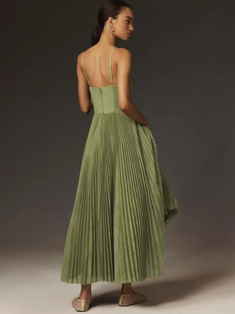Viveca | Women's Green Chiffon Pleated Corset Bustier Maxi Dress Carol & Margaret Wilmington