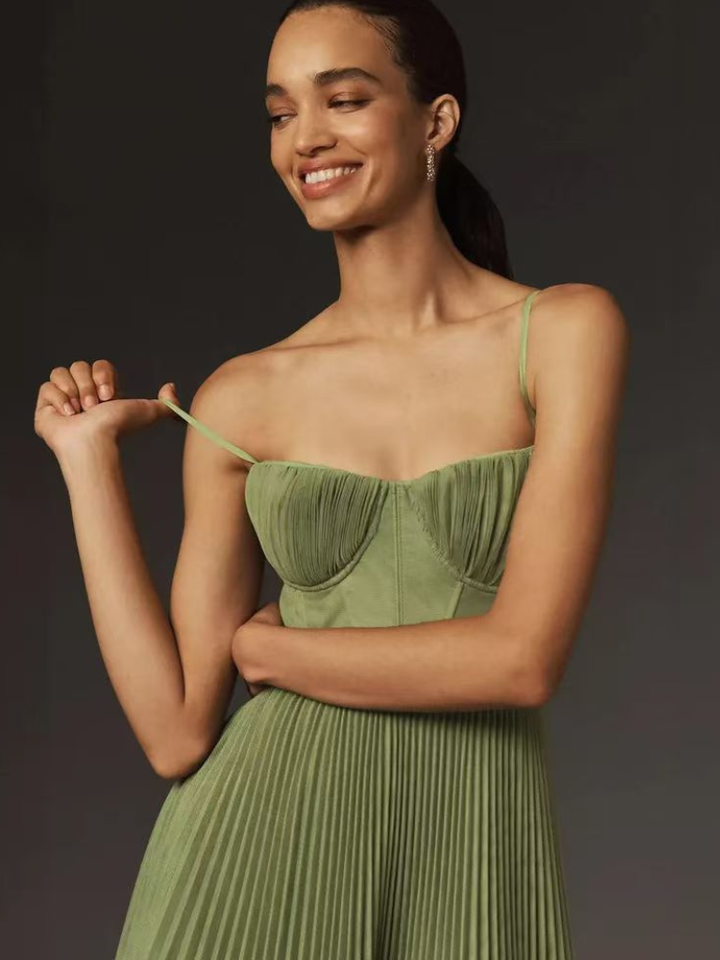 Viveca | Women's Green Chiffon Pleated Corset Bustier Maxi Dress Carol & Margaret Wilmington