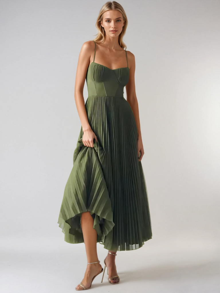 Viveca | Women's Green Chiffon Pleated Corset Bustier Maxi Dress Carol & Margaret Wilmington