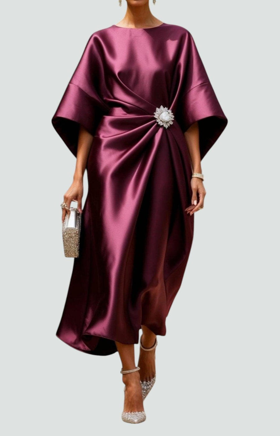 Vivienne | Women's Satin Bateau Neck Batwing Sleeve Brooch Waist Maxi Dress Carol & Margaret Wilmington
