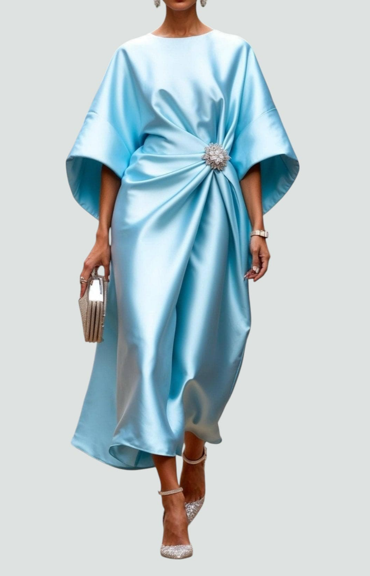Vivienne | Women's Satin Bateau Neck Batwing Sleeve Brooch Waist Maxi Dress Carol & Margaret Wilmington