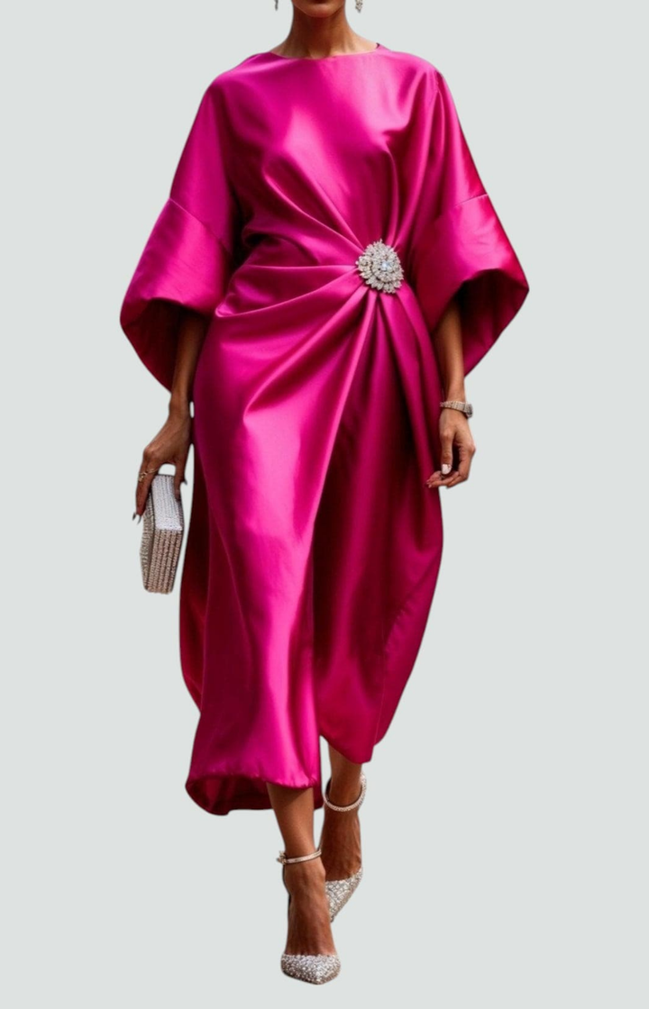 Vivienne | Women's Satin Bateau Neck Batwing Sleeve Brooch Waist Maxi Dress Carol & Margaret Wilmington