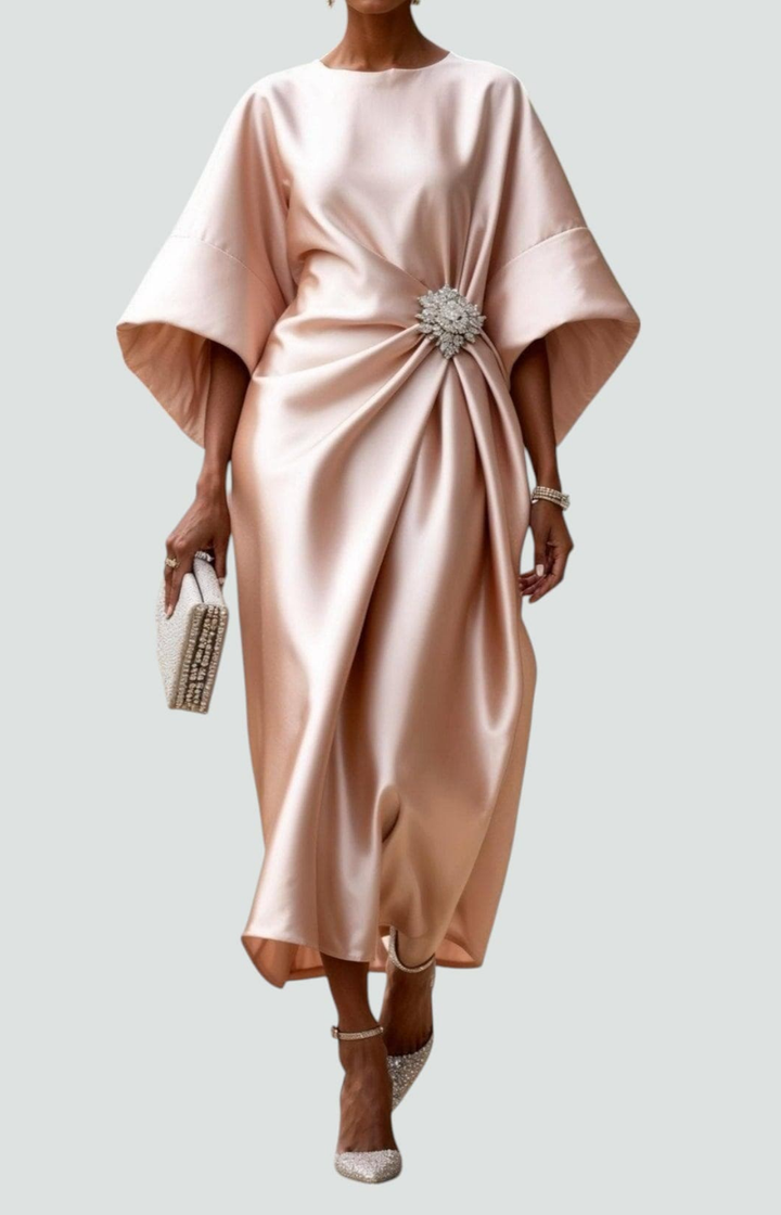 Vivienne | Women's Satin Bateau Neck Batwing Sleeve Brooch Waist Maxi Dress Carol & Margaret Wilmington
