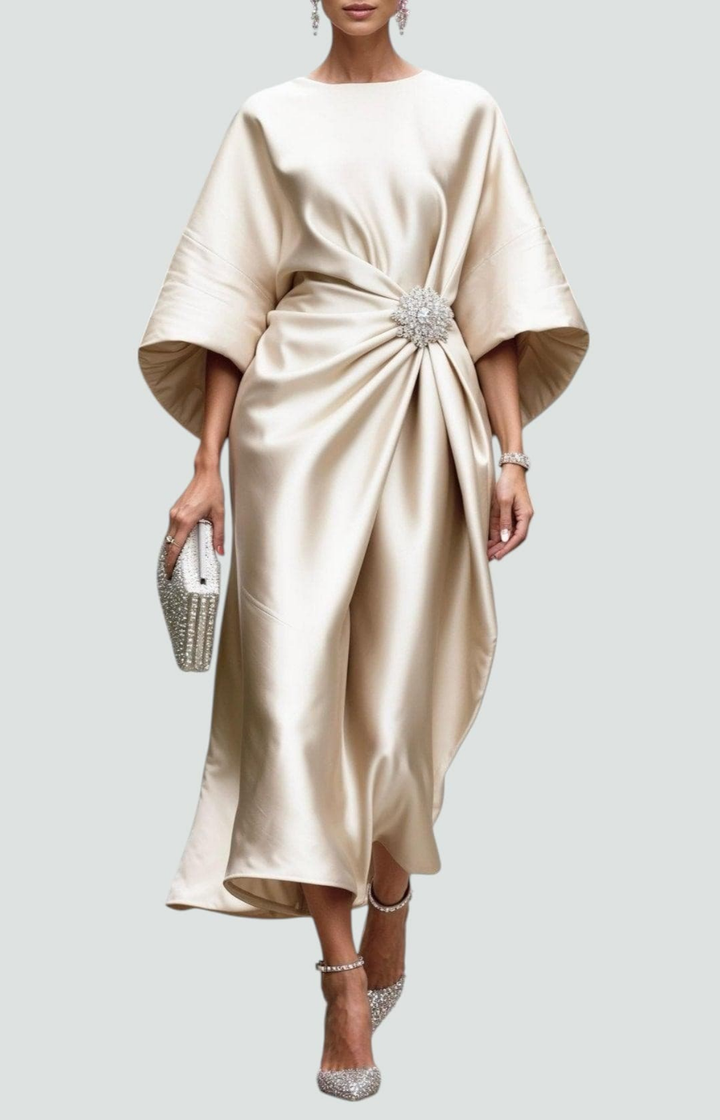 Vivienne | Women's Satin Bateau Neck Batwing Sleeve Brooch Waist Maxi Dress Carol & Margaret Wilmington