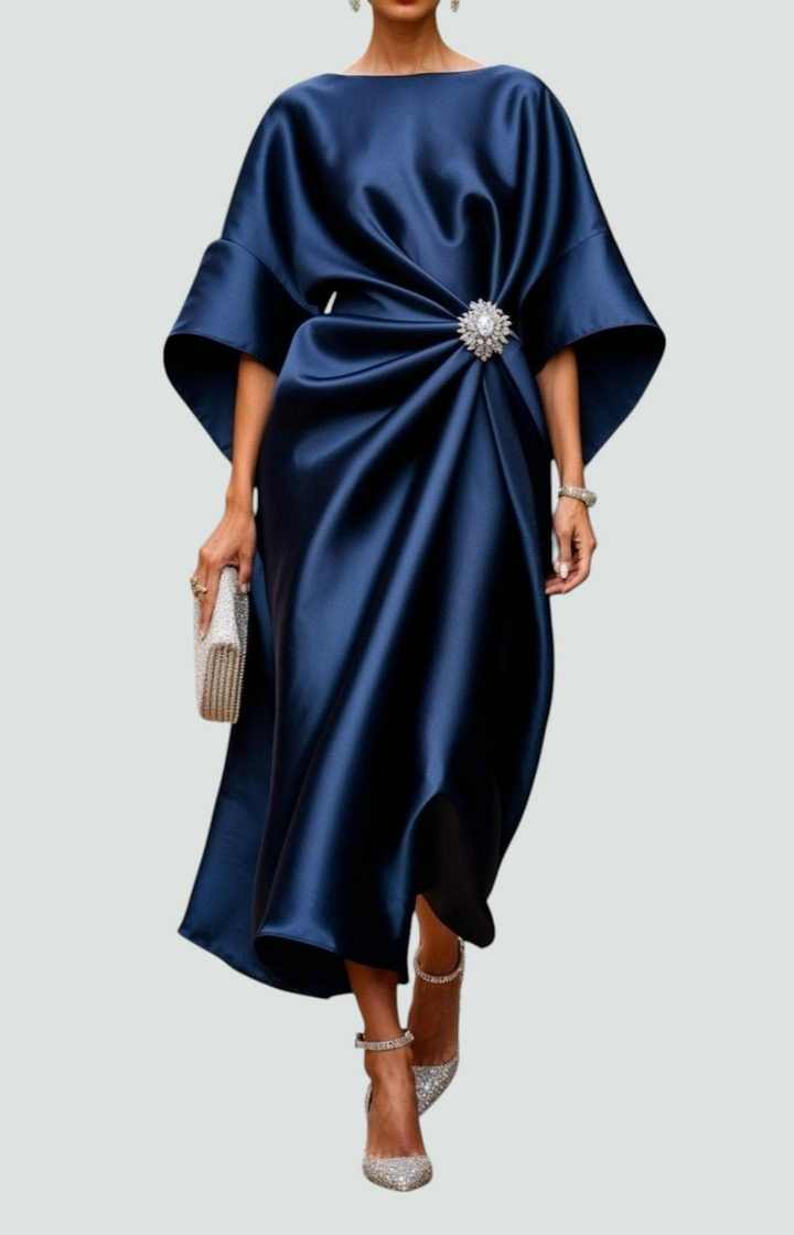 Vivienne | Women's Satin Bateau Neck Batwing Sleeve Brooch Waist Maxi Dress Carol & Margaret Wilmington