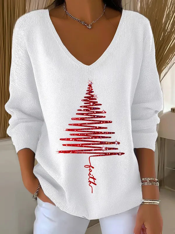 Woman wearing festive V-neck Christmas sweater with holiday print