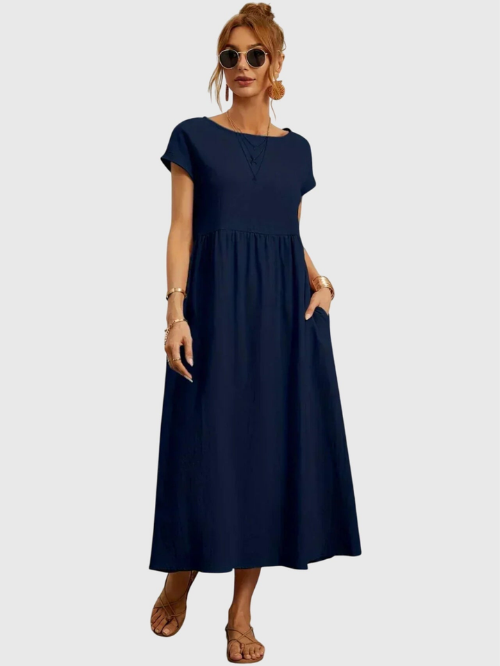 Waverly | Women's Linen Round Neck Gathered Waist Midi Dress Carol & Margaret Wilmington