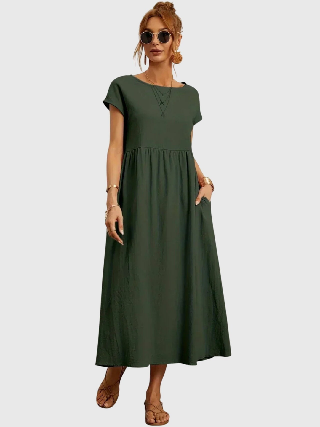 Waverly | Women's Linen Round Neck Gathered Waist Midi Dress Carol & Margaret Wilmington